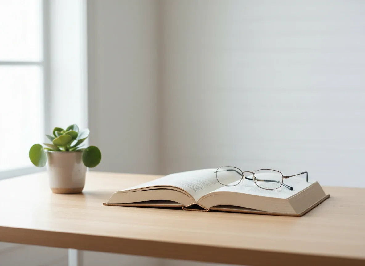 Minimalist desk with book and plant