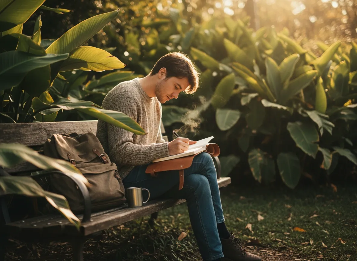 Writing in a journal outdoors in a park