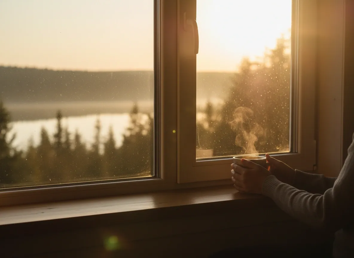 Morning reflection with coffee and sunrise
